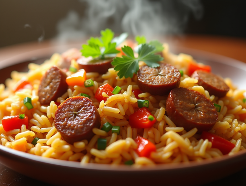 A plate of sausage and rice recipe with colorful vegetables, ready to enjoy.