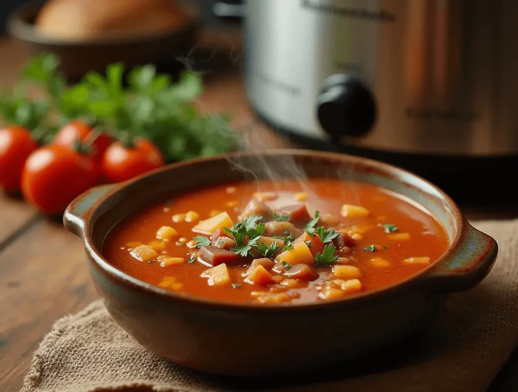 Cozy Crockpot soup served in a bowl with fresh herbs, perfect for easy winter dinners.