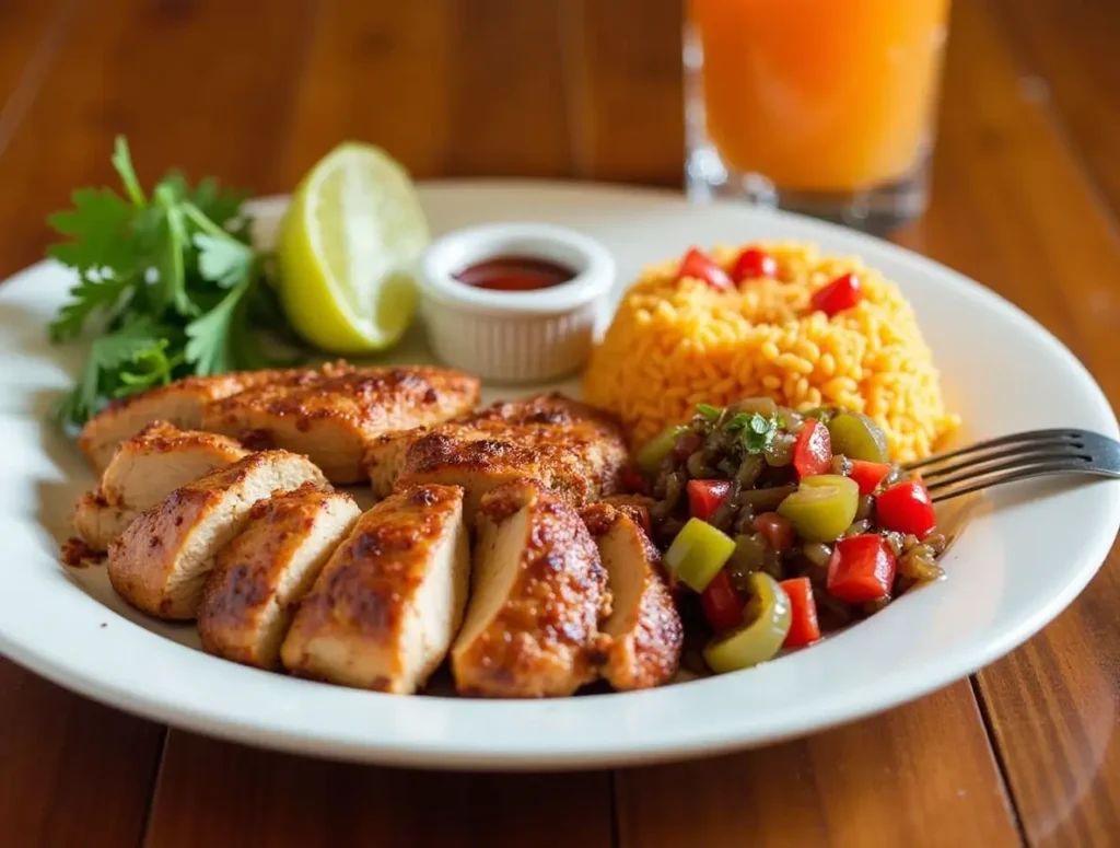 A plated chipotle chicken meal with rice, vegetables, and sauce.