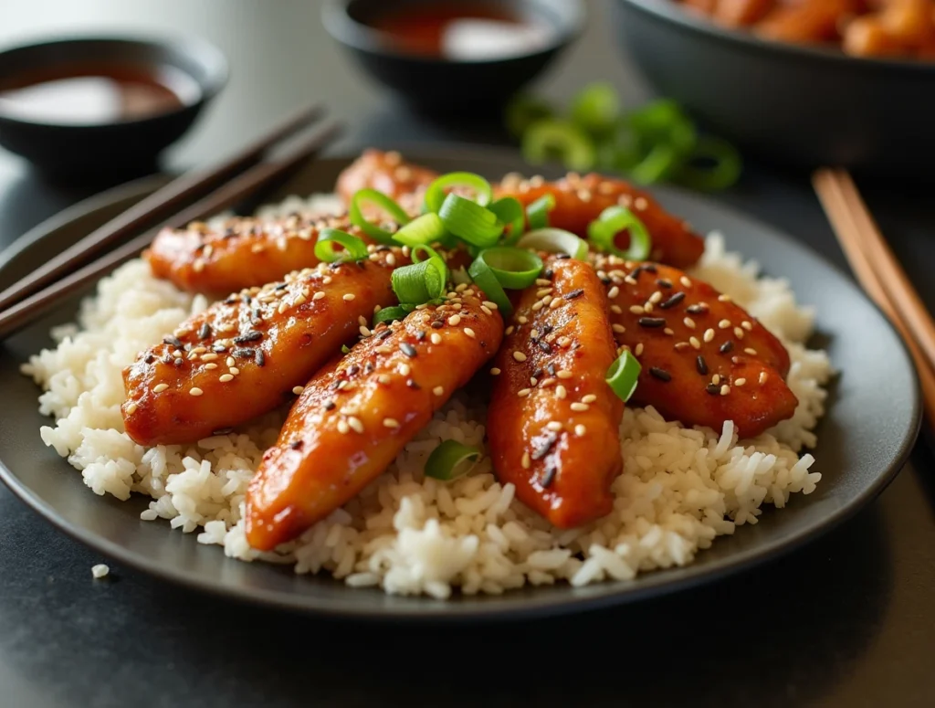 Sesame Chicken Tenderloin Recipes  with rice for an Asian-inspired meal.