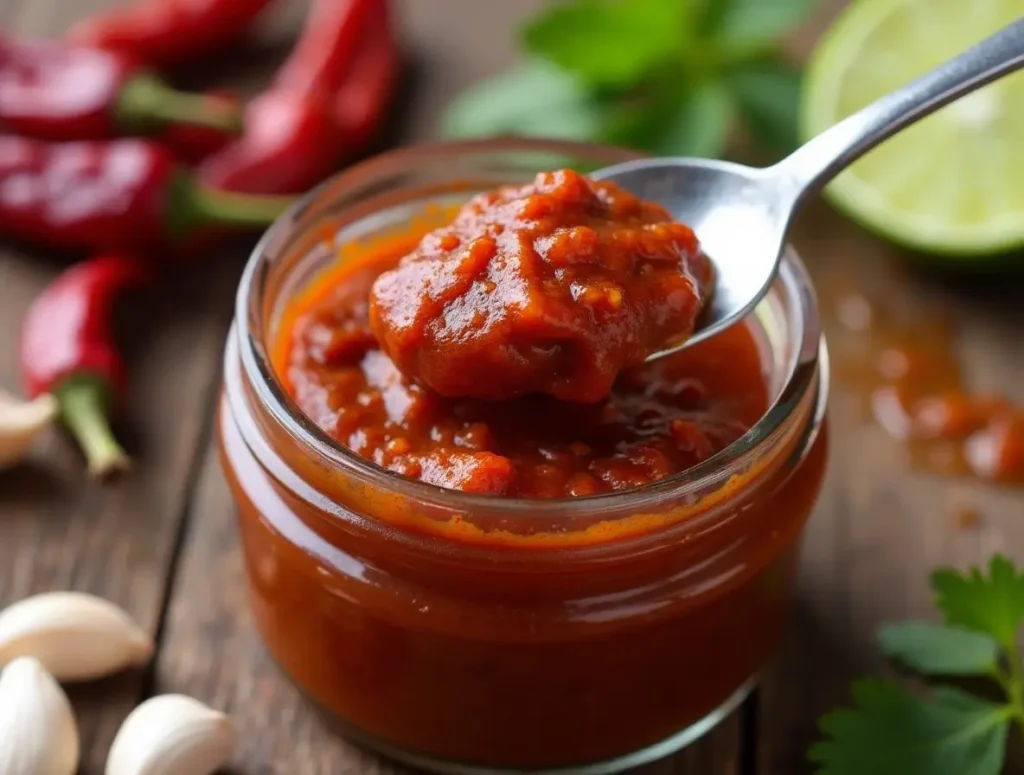 A jar of smoky chipotle marinade with a spoon lifting some sauce.