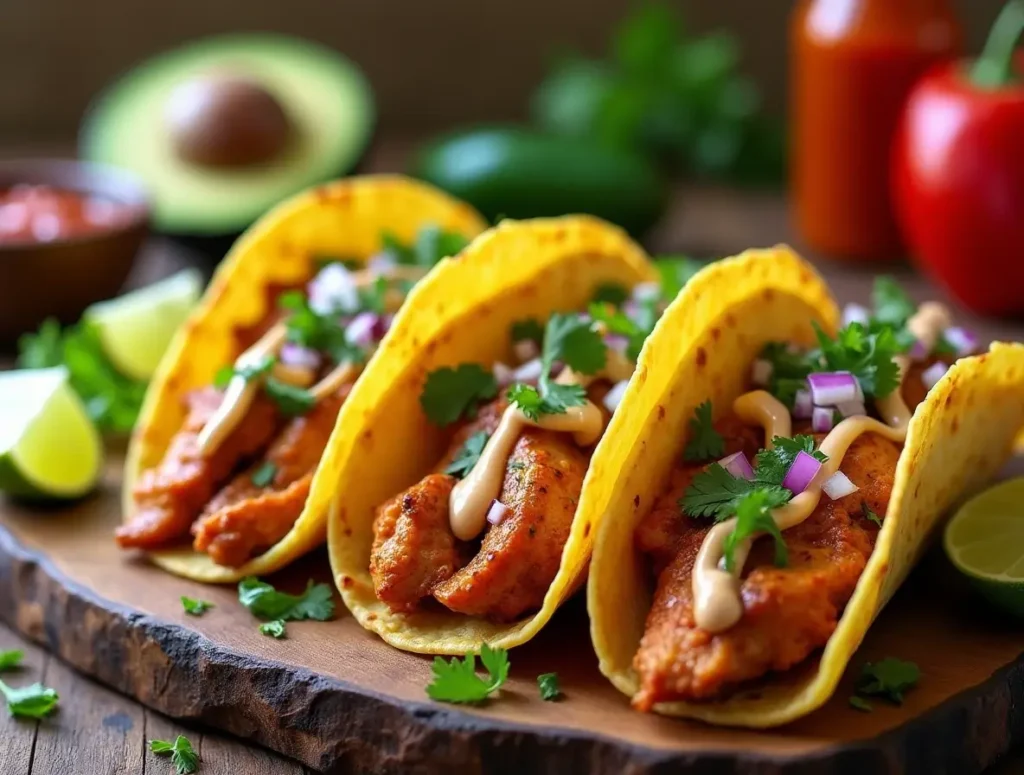 Chipotle chicken tacos with fresh toppings and lime wedges.