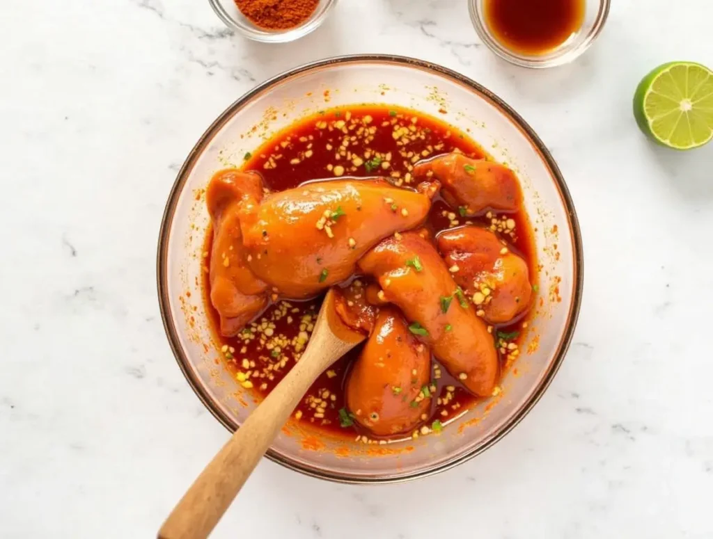 Chicken marinating in a spicy chipotle sauce with fresh ingredients.