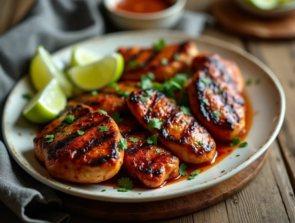 Smoky grilled chipotle chicken garnished with cilantro and lime.