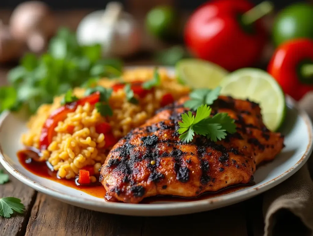 A plated dish of grilled chipotle chicken with sides of rice and avocado.