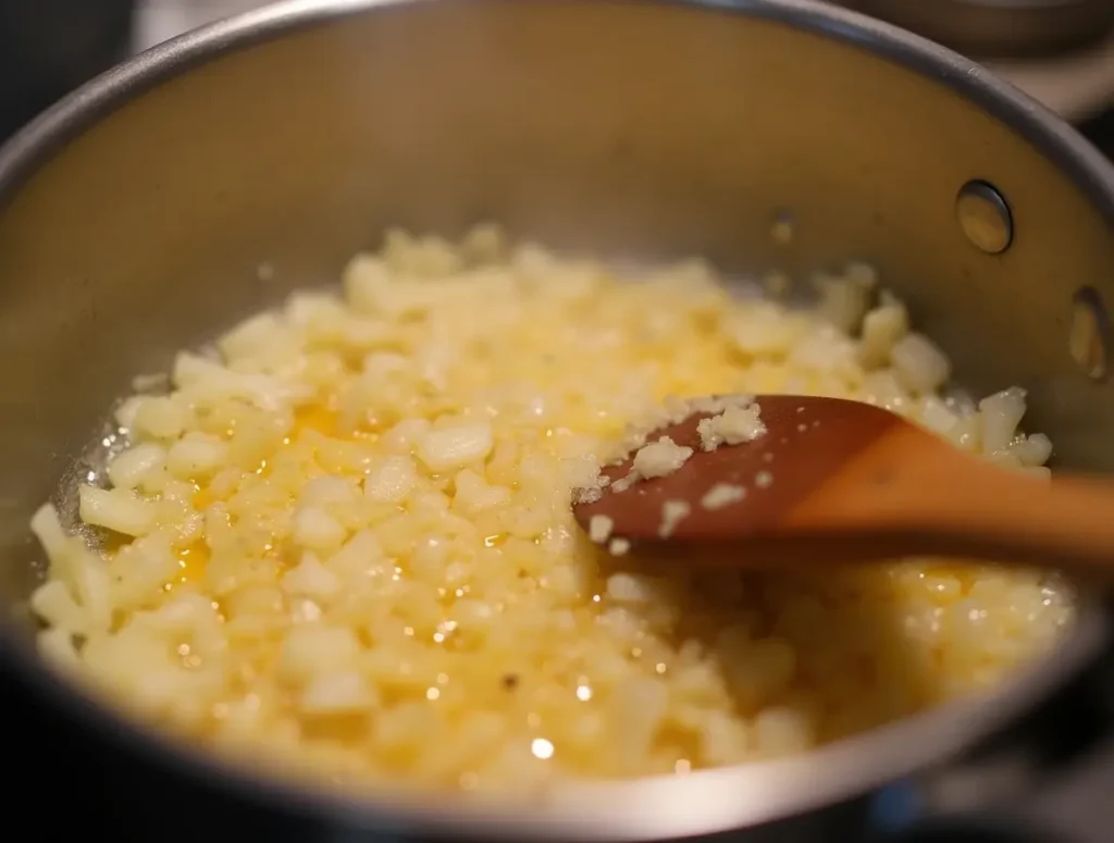  Onions and garlic sautéing in butter for tomato bisque soup.