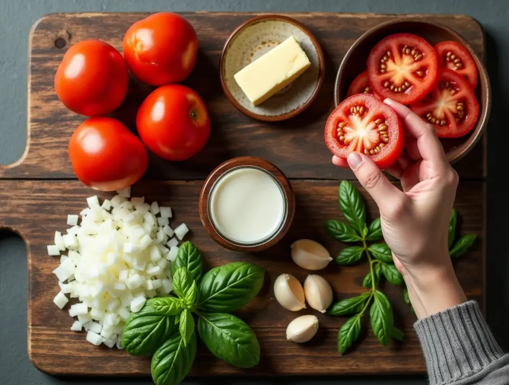 Fresh ingredients for homemade tomato bisque soup.