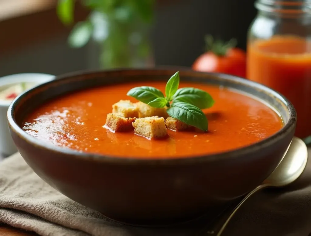 A bowl of creamy tomato bisque soup garnished with basil and croutons.