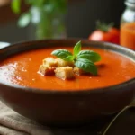 A bowl of creamy tomato bisque soup garnished with basil and croutons.