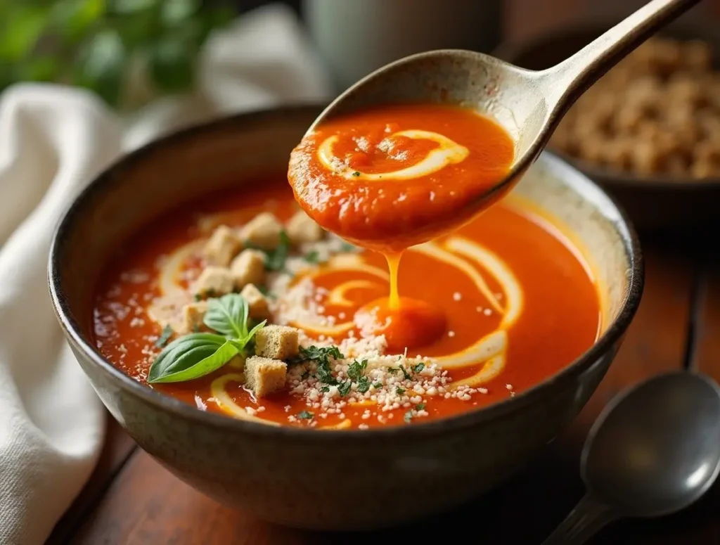 A bowl of tomato bisque soup with a drizzle of cream and fresh basil.