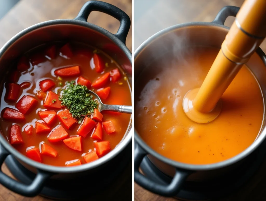 A pot of simmering tomato bisque soup being blended for a smooth texture.