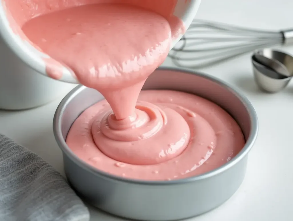 Strawberry cake batter poured into a baking pan.