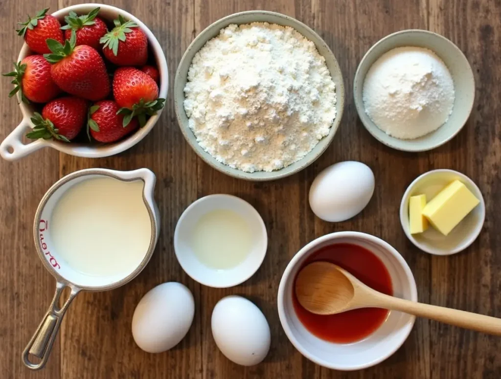 Ingredients for strawberry cake on a kitchen counter