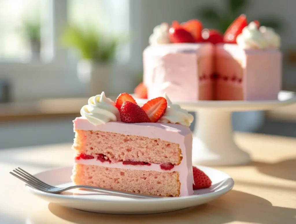 Slice of strawberry cake with frosting and fresh strawberries.