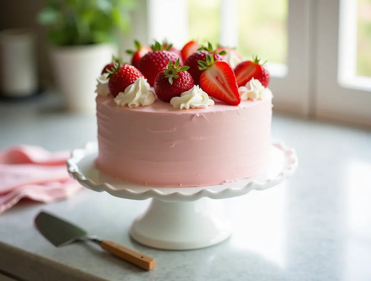 Decorated strawberry cake with fresh strawberries and whipped cream.