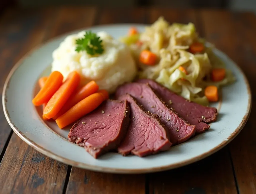 Plate of corned beef recipes with mashed potatoes and cabbage.