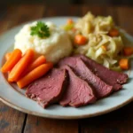 Plate of corned beef recipes with mashed potatoes and cabbage.