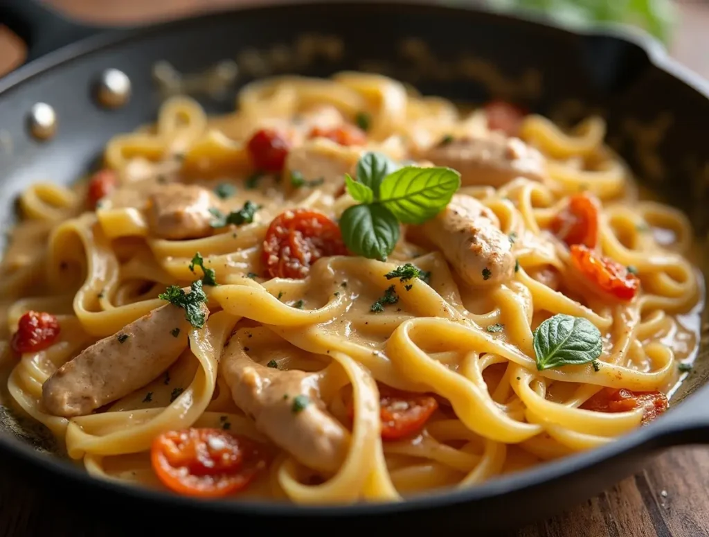 Creamy chicken fettuccine in a skillet with sun-dried tomatoes.