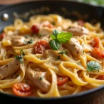 Creamy chicken fettuccine in a skillet with sun-dried tomatoes.