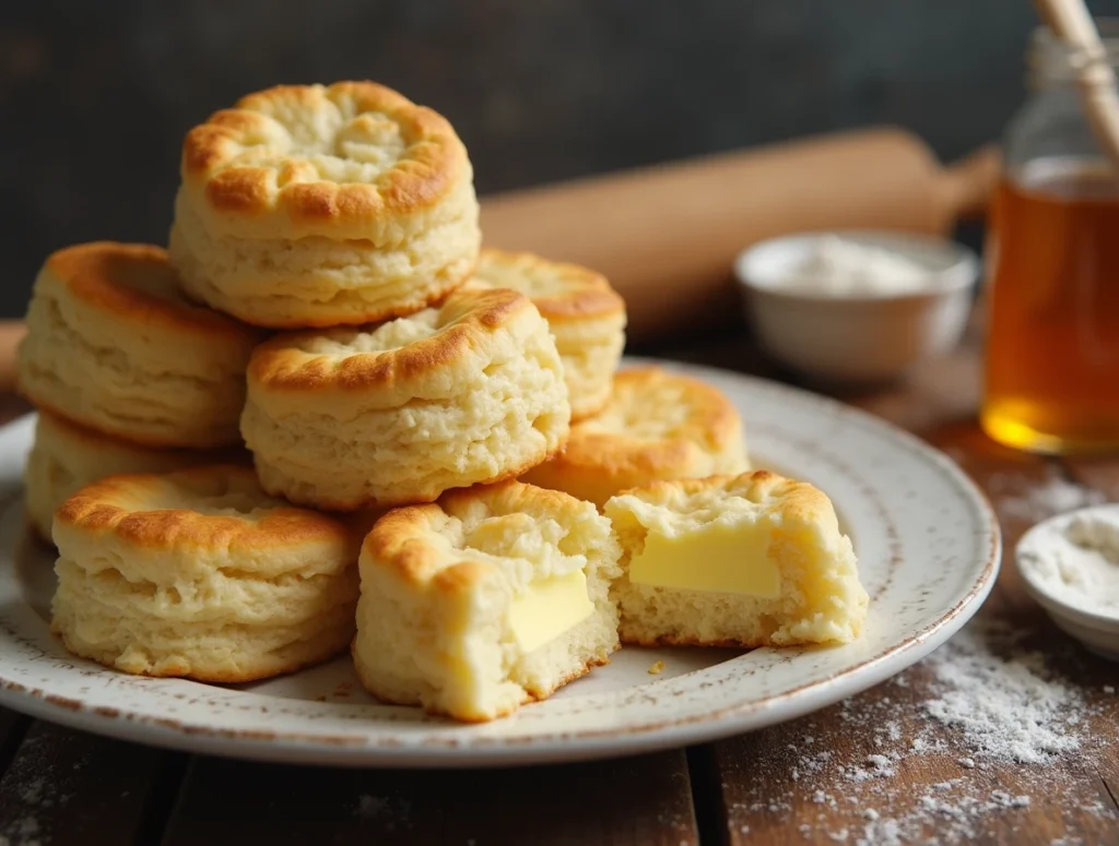 A plate of fluffy and buttery biscuits stacked with a split biscuit showing soft layers.