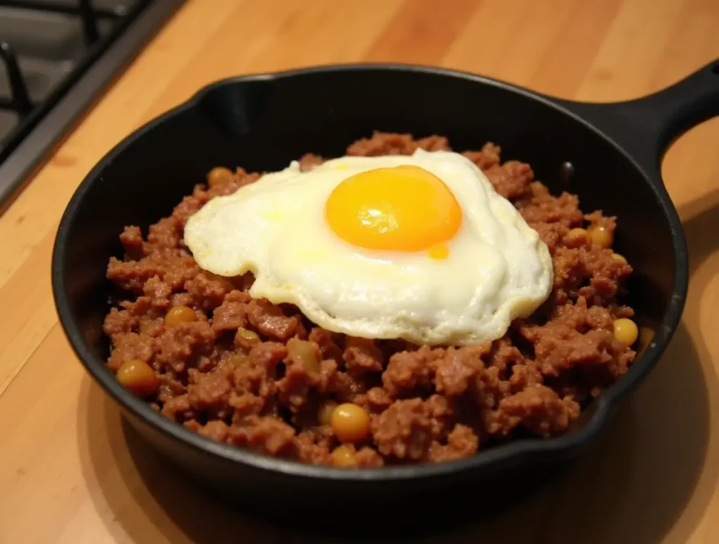 Crispy corned beef recipes hash with a fried egg on top.