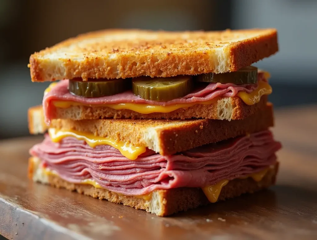 A stacked corned beef sandwich with Swiss cheese and mustard.