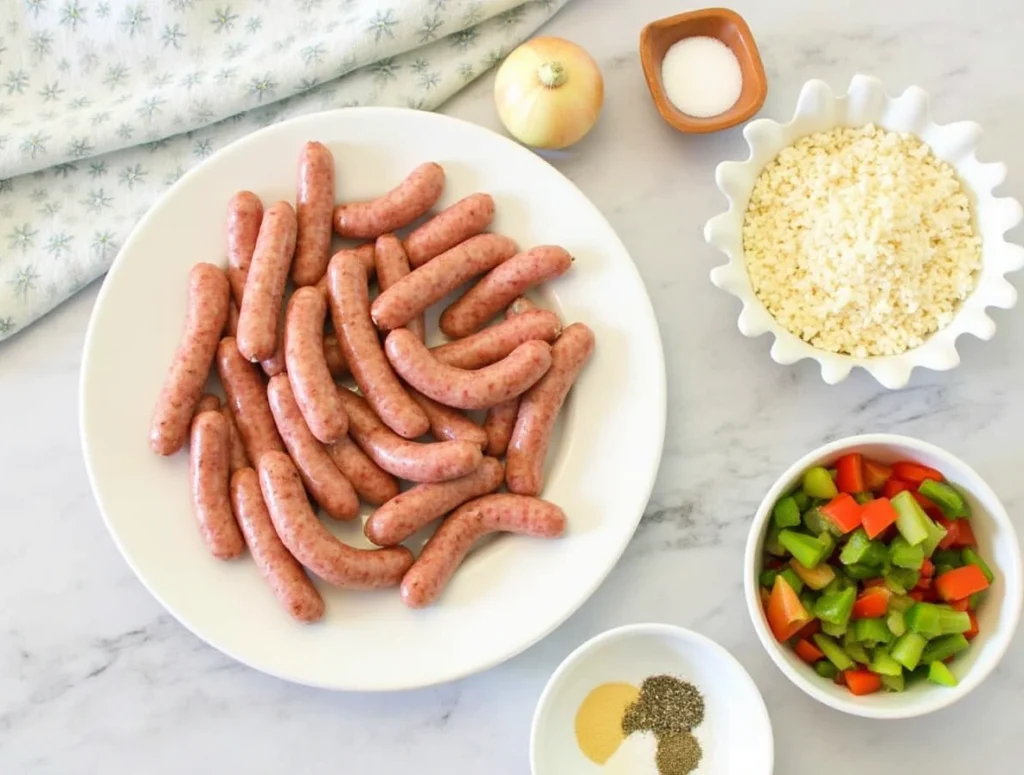 All the ingredients for sausage and rice recipe laid out on a countertop.