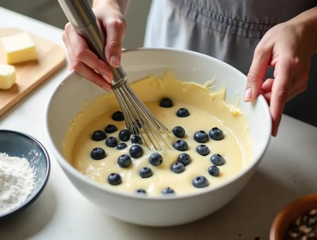 Mixing batter with blueberries for a loaf recipe.