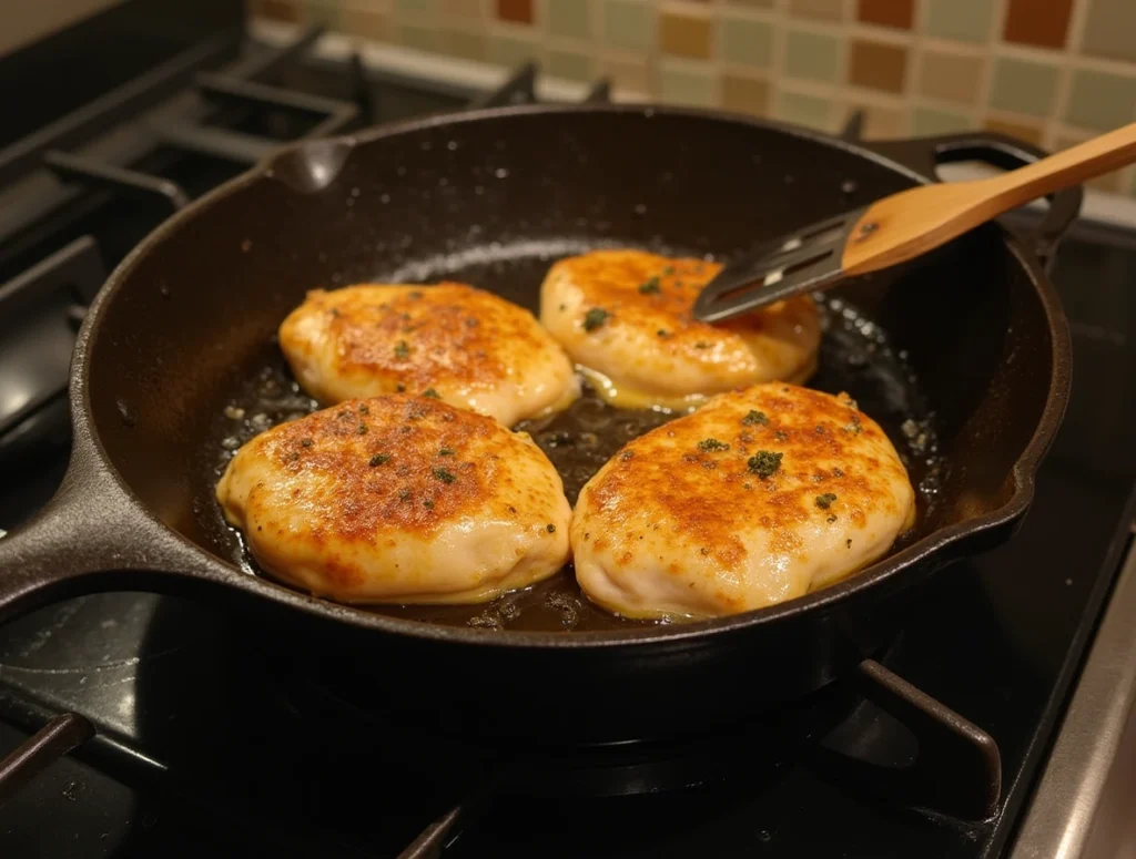 Cooking chicken breasts in a skillet.