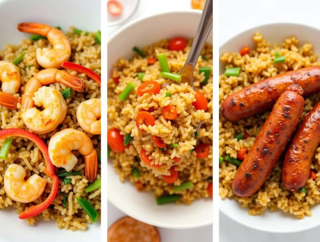 Different versions of sausage and rice with shrimp, vegetables, and spicy sausage.