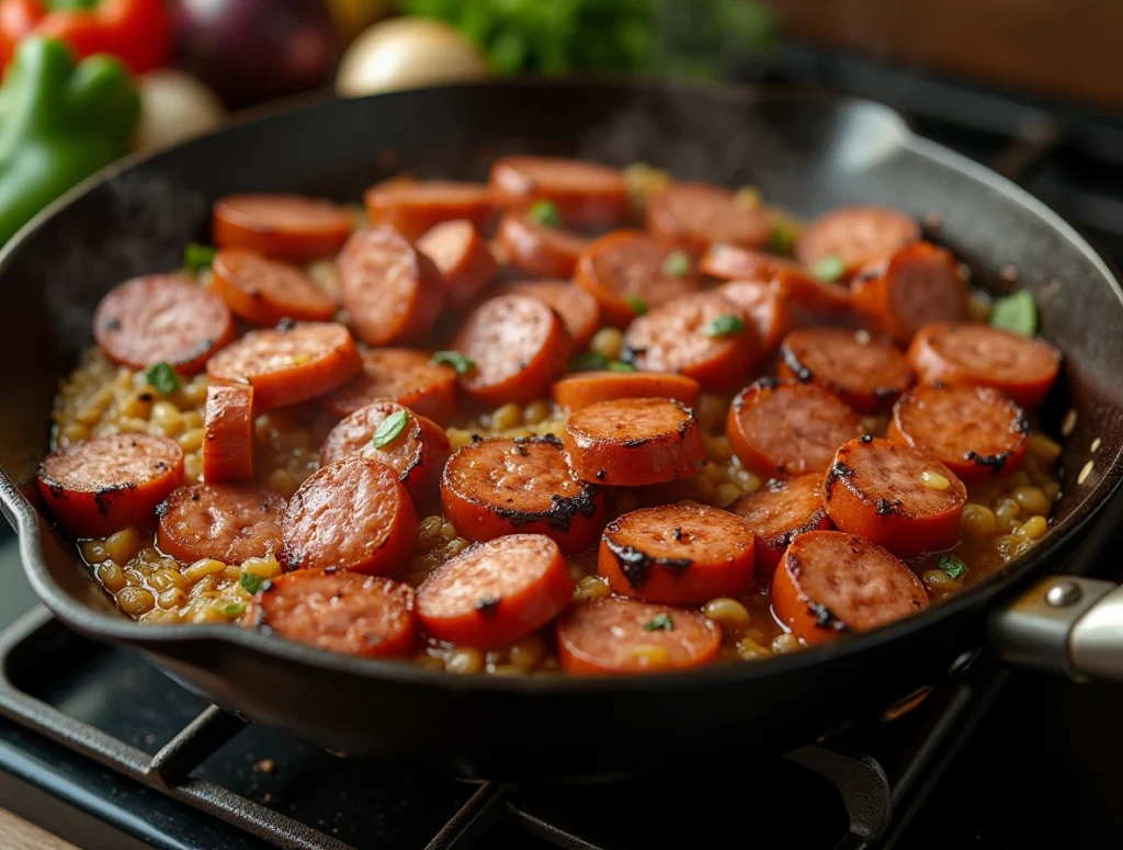 Golden-brown sausage being cooked in a skillet.