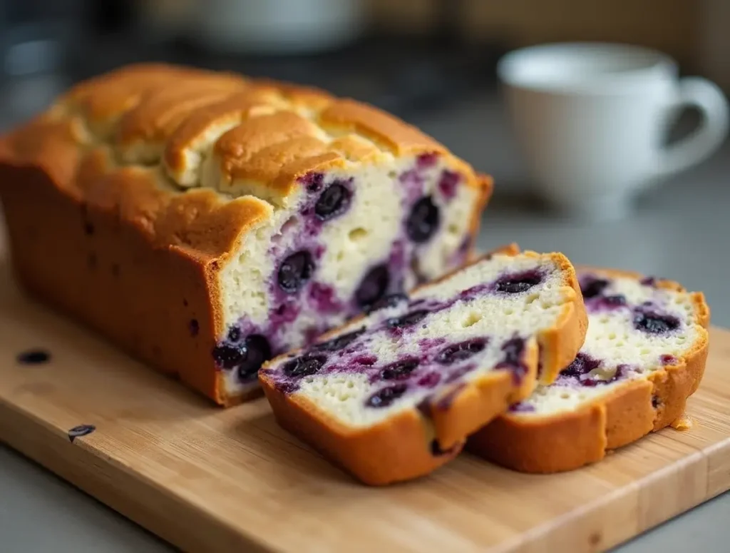 SlicedBlueberry Cream Cheese Bread with cream cheese swirl and fresh blueberries on a wooden board.