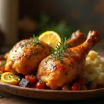 Crispy chicken legs served with vegetables on a wooden table.