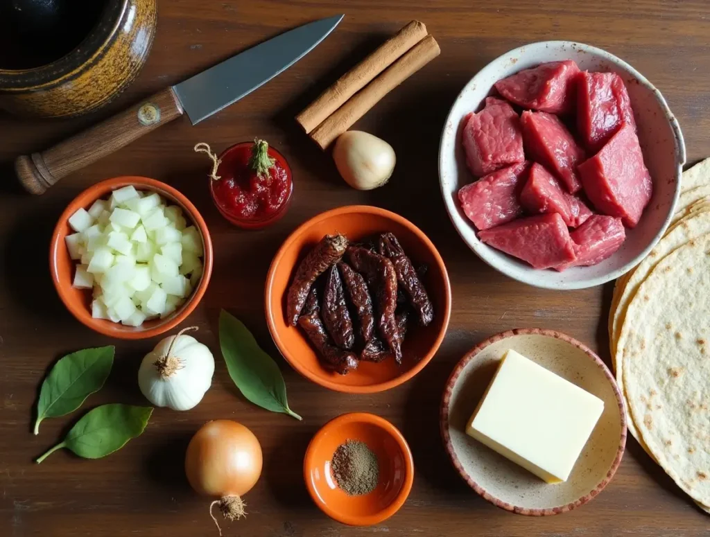 Fresh ingredients for birria tacos, including raw beef chunks, dried guajillo and ancho chilies, garlic, bay leaves, Mexican oregano, cumin, cinnamon sticks, and corn tortillas, arranged on a wooden surface with a stone molcajete.
