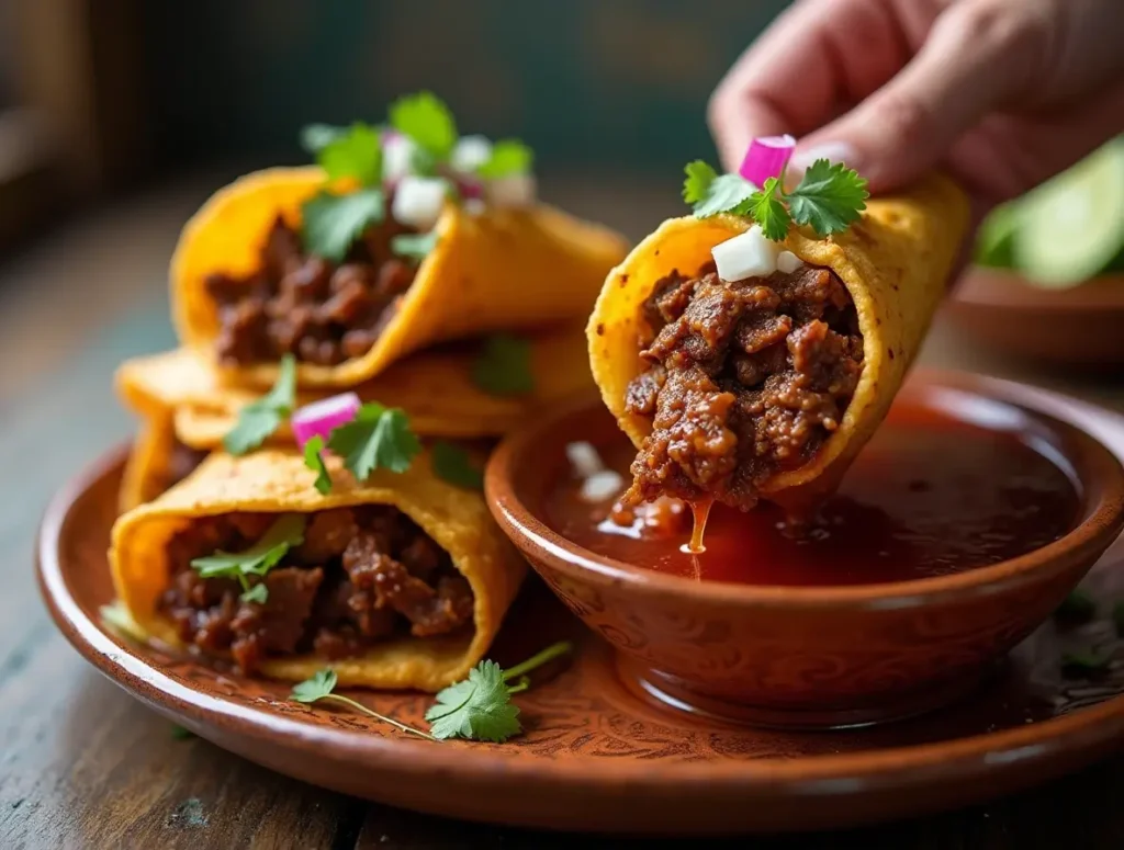 Birria tacos sizzling on a cast-iron skillet, their tortillas crispy and golden, with melted cheese oozing from the edges. A hand dips a tortilla into birria fat before placing it on the skillet.
