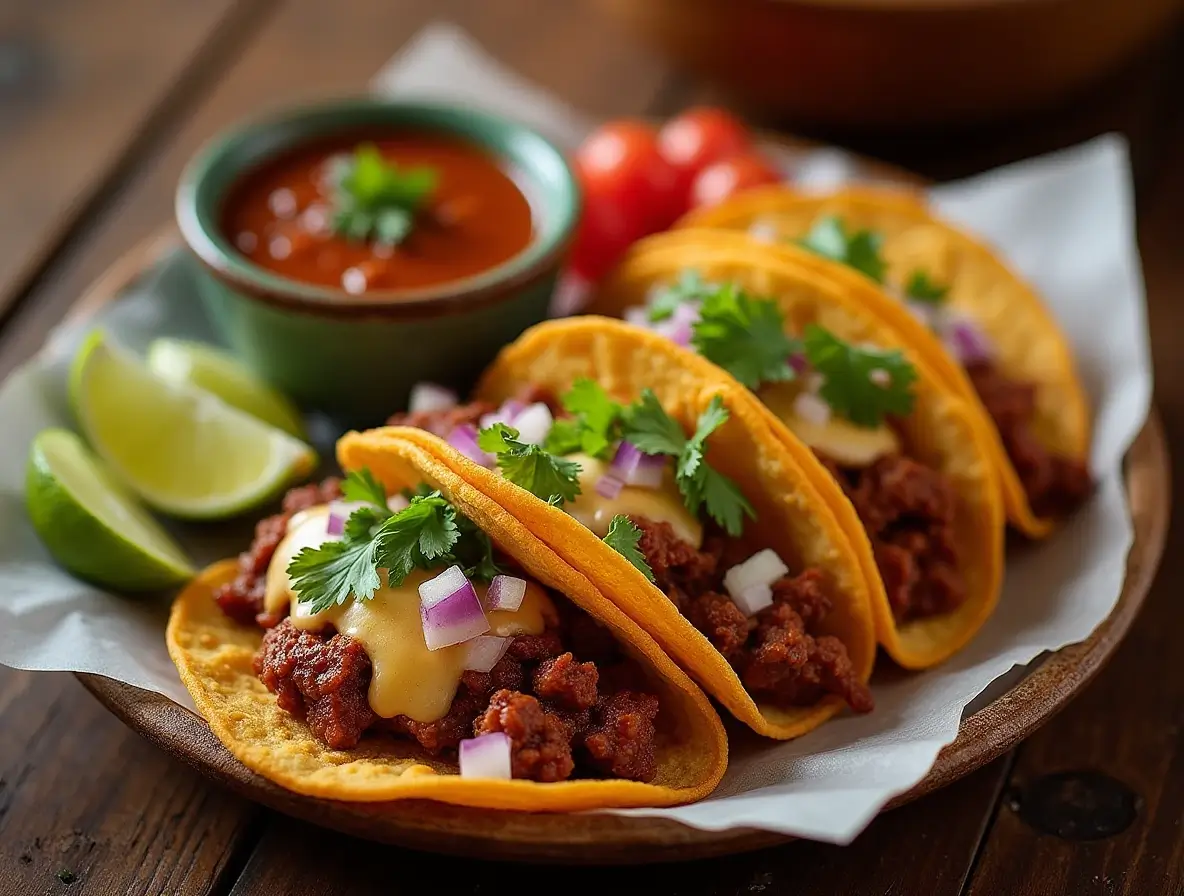 A plate of crispy birria tacos with melted cheese, served with a bowl of rich red consomé for dipping. The tacos are garnished with fresh cilantro and onions, with lime wedges on the side.