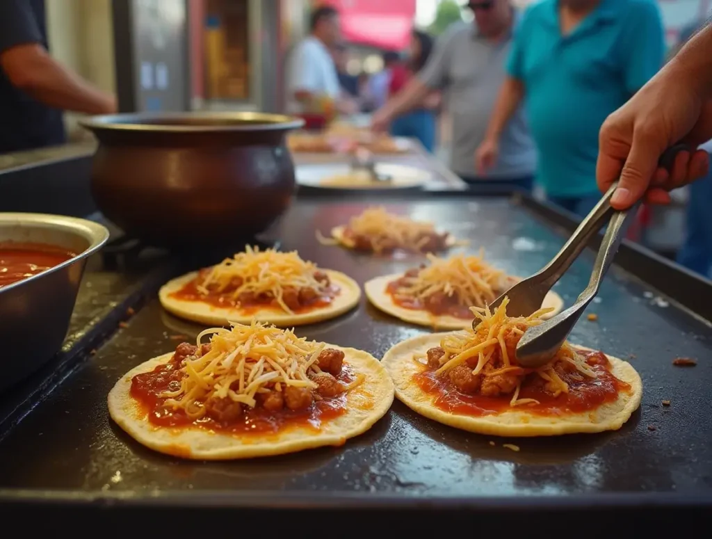 A Mexican street vendor grilling birria tacos on a hot griddle, with cheese melting and meat filling spilling slightly. A pot of simmering red consomé is nearby.