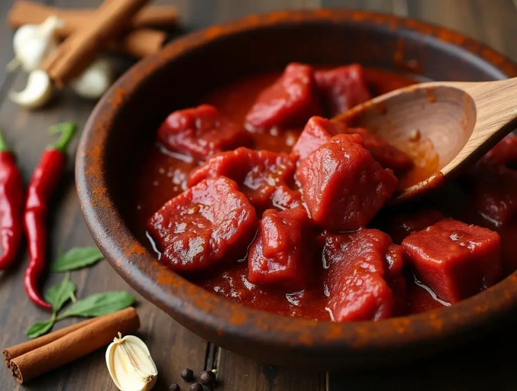 Raw beef chunks coated in a deep-red chili marinade inside a rustic mixing bowl, with a wooden spoon partially submerged. Whole dried chilies, garlic cloves, cinnamon sticks, and bay leaves surround the bowl.