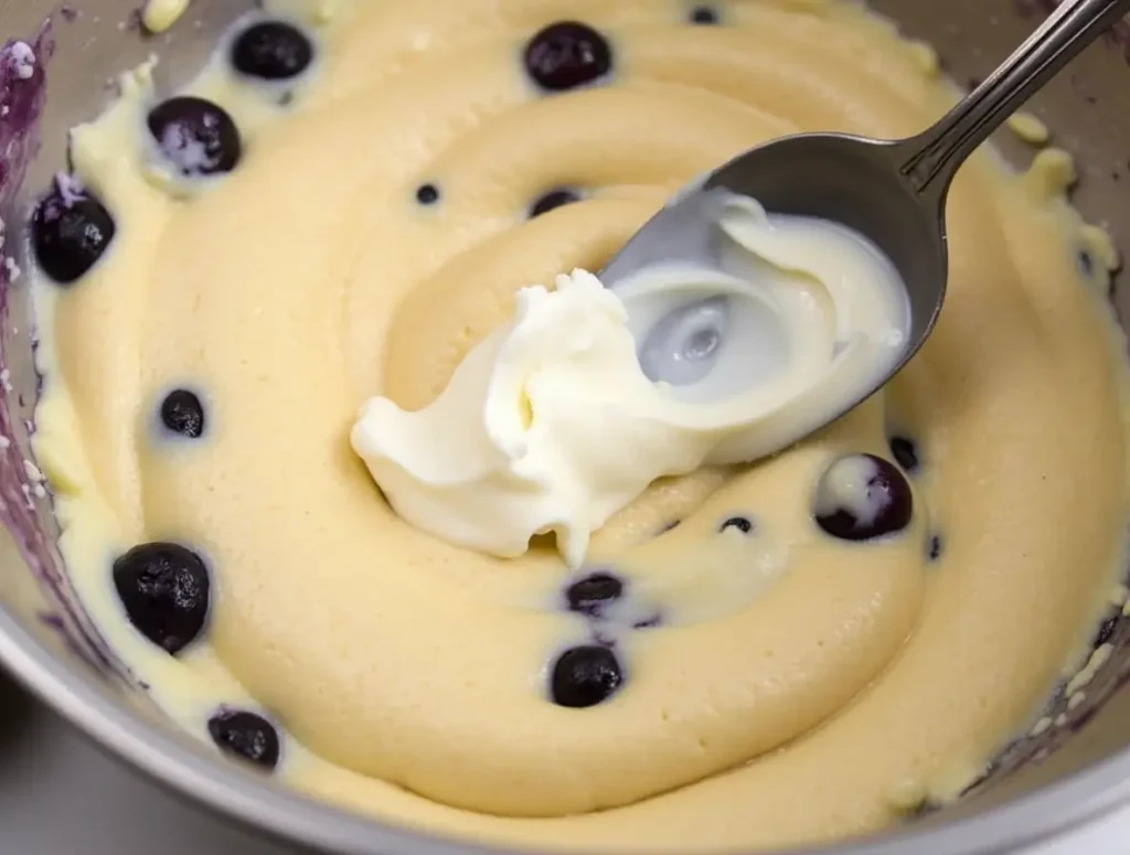 Cream cheese mixed into the batter with blueberries.