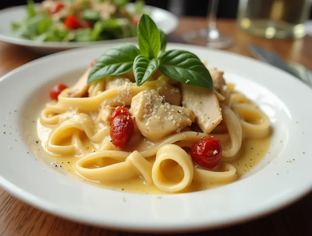  Serving of creamy chicken fettuccine with sun-dried tomatoes.