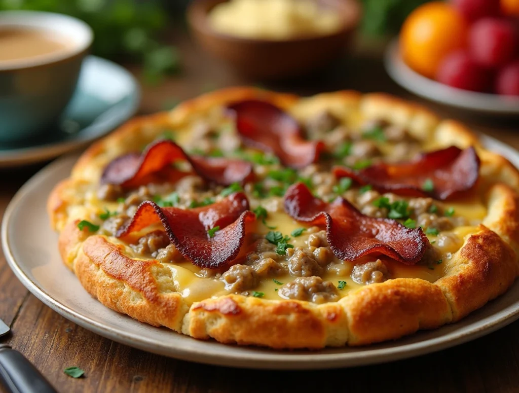 Biscuits and Sausage Gravy Breakfast Pizza with bacon and fresh herbs