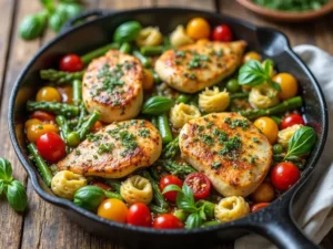 Easy Spring and Summer Dinner: One-Pan Pesto Chicken, Tortellini, and Veggies