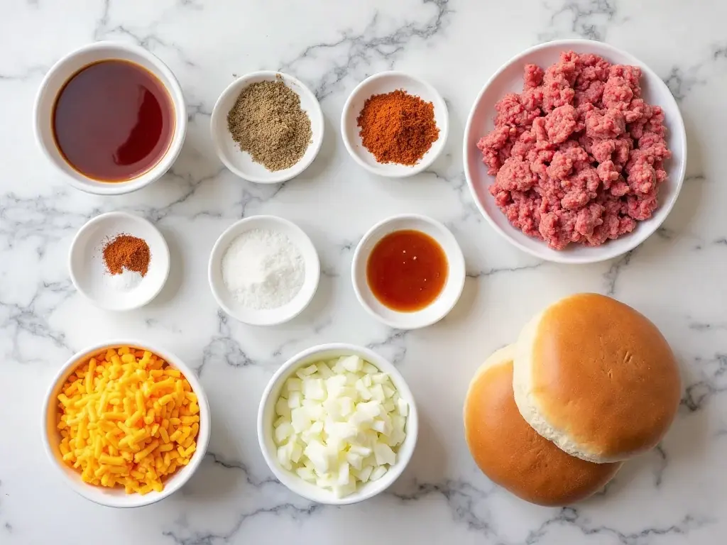 Ingredients for oven-baked burgers laid out on a tray