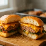 Juicy oven-baked Burgers in the Oven cut in half on a wooden board