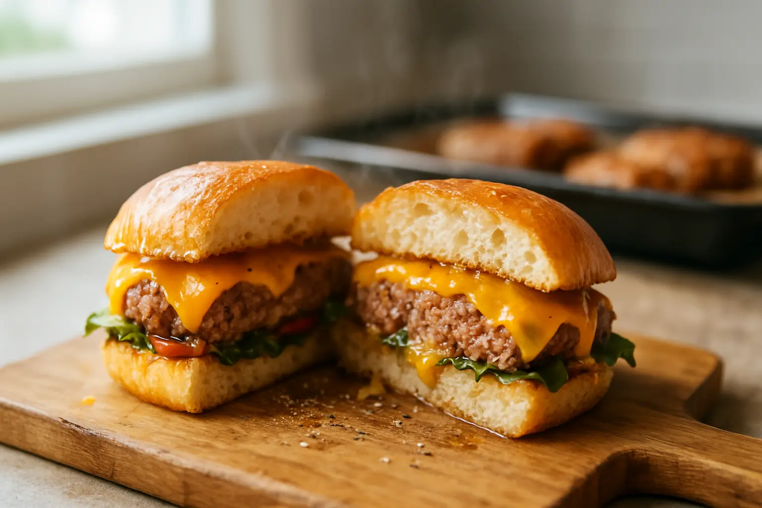 Juicy oven-baked Burgers in the Oven cut in half on a wooden board