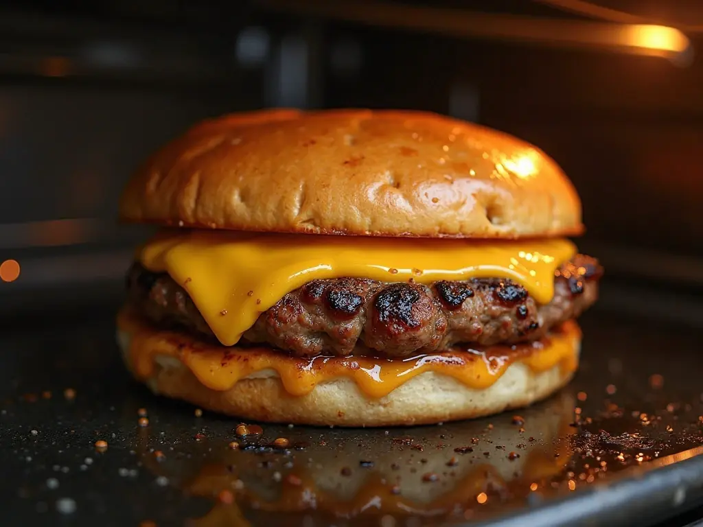 Oven burger broiled with melted cheese