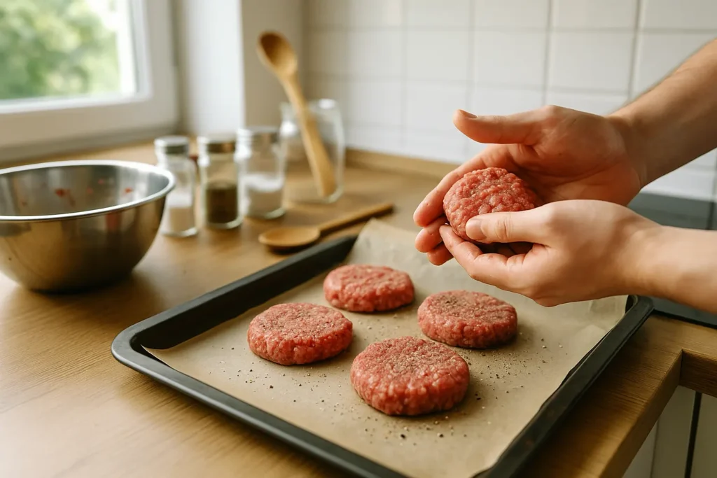 Hands seasoning and shaping burger patties on a baking tray