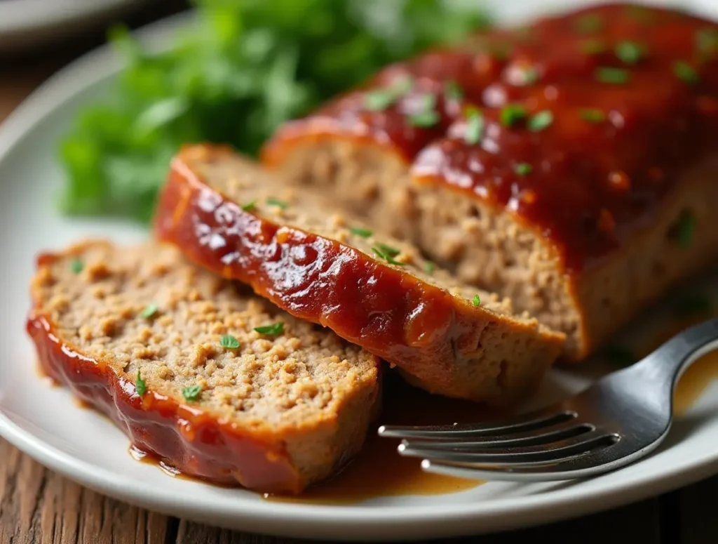 A sliced chicken meatloaf on a plate with a golden crust and rich glaze.