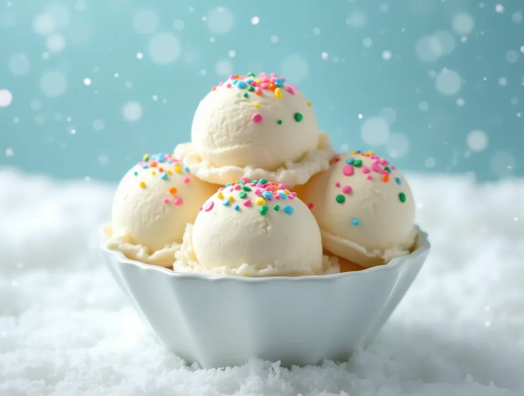 A bowl of homemade snow cream recipe topped with colorful sprinkles and a spoon.