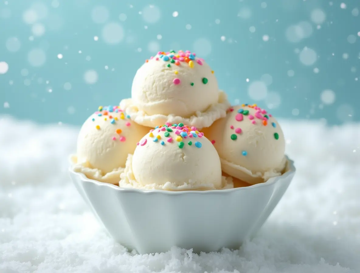 A bowl of homemade snow cream recipe topped with colorful sprinkles and a spoon.